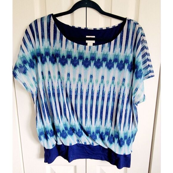 Chico's 2 Blues Vivid Stripe Watercolor Lined Blouse Top SS Boat‎ Neck Large - Picture 1 of 8